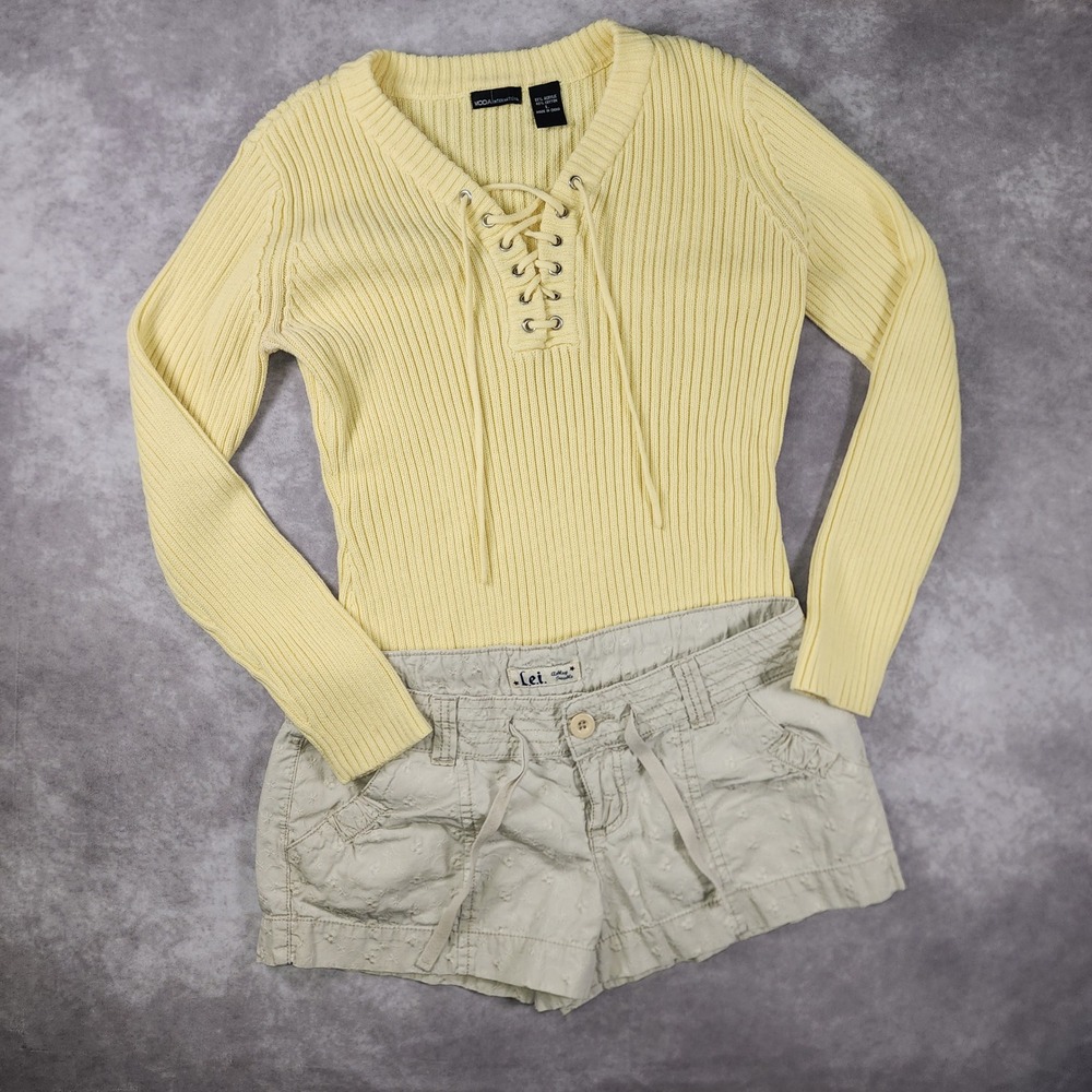 Moda International Yellow Ribbed Lace Up V-Neck Sweater Womens Large Long Sleeve